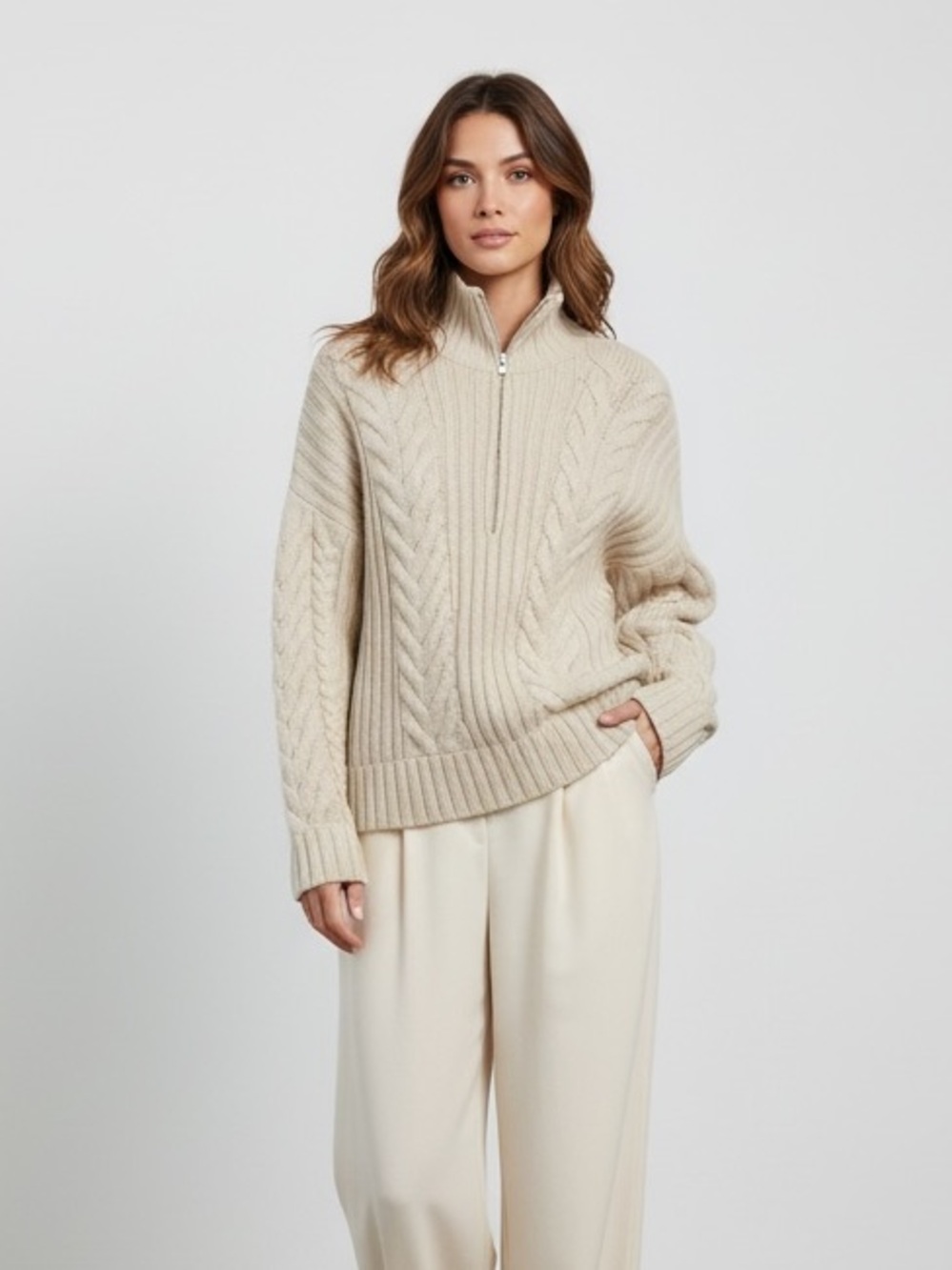 NWT NAADAM Wool-Cashmere Open-Back Cable Quarter-Zip Sweater Sz L
